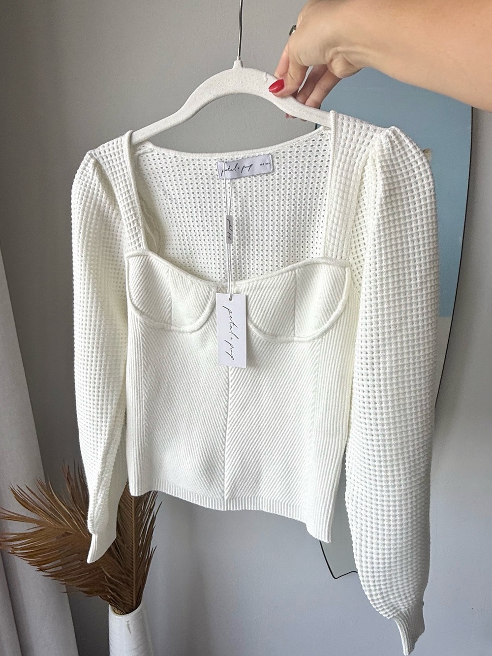 PETAL & PUP Madalyn Rib Sweater Ivory Puff Balloon Sleeve Bustier Top | Size 2